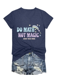 Detail of V-neck navy t-shirt featuring Do Math Not Magic print and a stylish front knot