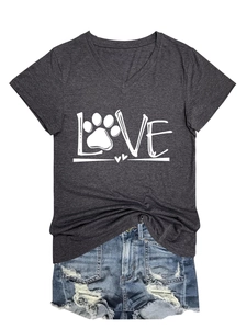 Detail of grey V-neck T-shirt with LOVE print and heart dog paw graphic detail
