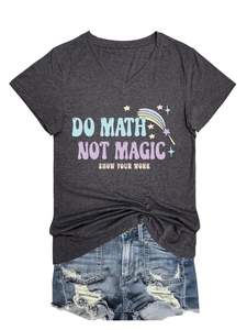 Detail of V-neck grey T-shirt with Do Math Not Magic print and denim shorts set