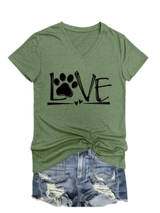 Detail of green V-neck T-shirt with black LOVE text and creative dog paw print