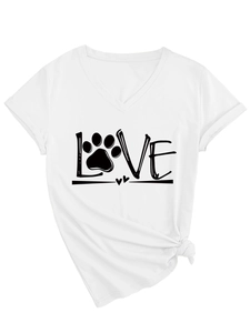 Detail of white V-neck T-shirt with black LOVE lettering and knotted hem design