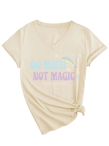 Detail of V-neck cream T-shirt featuring rainbow Do Math Not Magic graphic and knotted hem