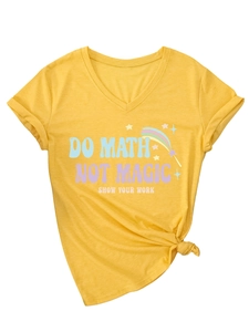 Detail of V-neck T-shirt showing colorful Do Math Not Magic print and front knot tie