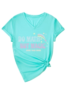 Detail of V-neck T-shirt showing Do Math Not Magic print and rolled sleeves