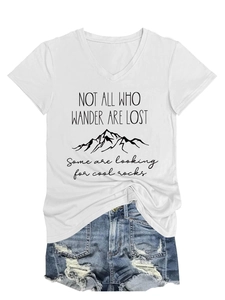 Detail of V-neck white T-shirt with Not All Who Wander Are Lost mountain print design