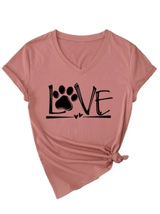 Detail of V-neck T-shirt showing LOVE print with paw element and side knot design