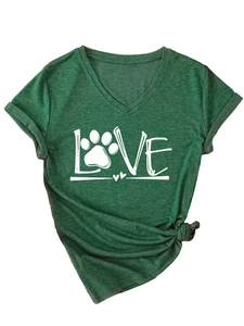 Detail of dark green V-neck T-shirt with LOVE paw print design and side knot detail