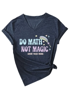 Detailed view of the V-neck tee featuring a colorful Do Math Not Magic graphic print