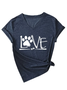 Detail of V-neck T-shirt with LOVE paw print design, rolled sleeves and front knot tie
