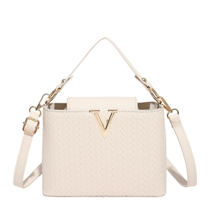 Fashionable cream white woven textured bucket bag with gold V logo and top handle
