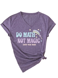 Detail view of heather purple V-neck T-shirt with Do Math Not Magic graphic print and side knot