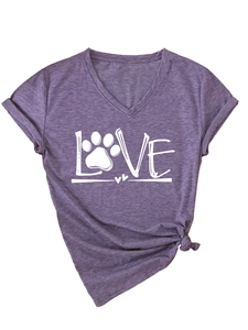 Purple V-neck T-shirt detail showing LOVE lettering with paw print and knotted hem