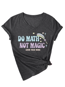 Detail of V-neck dark gray t-shirt featuring Do Math Not Magic print and knotted hem