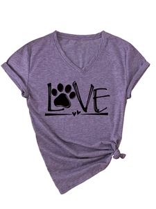 Detail of purple V-neck T-shirt with black LOVE text and paw print heart print