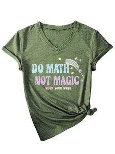 Detail of V-neck olive t-shirt with Do Math Not Magic slogan and knotted hem design