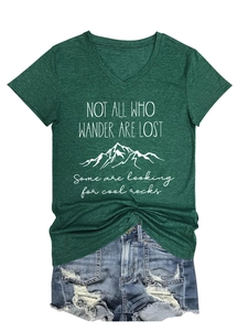 Detail of V-neck cotton T-shirt with 'Not All Who Wander Are Lost' print and knotted hem