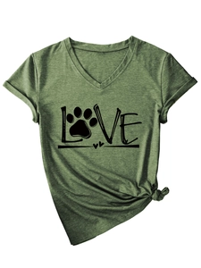 Detail of olive green V-neck T-shirt showing LOVE print with a paw and a knotted hem