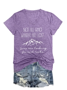 Detail of purple heather V-neck T-shirt with mountain print and ripped denim shorts
