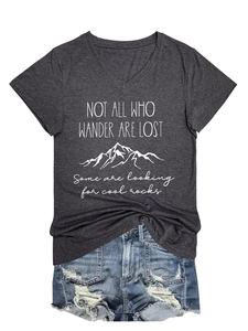 Detail of V-neck grey t-shirt with mountain graphic and Not All Who Wander Are Lost text