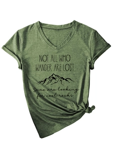 Detail of V-neck dark green T-shirt with mountain print and knotted hem design