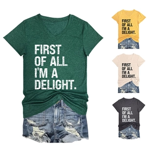 Detail of V-neck T-shirt with 'FIRST OF ALL I'M A DELIGHT' bold letter print