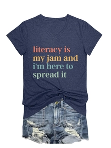 Detail of navy V-neck T-shirt with literacy is my jam print and distressed denim shorts