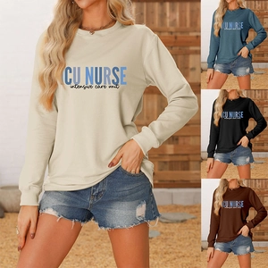 Detail showing ICU NURSE printed sweatshirts in beige, blue, black and brown options