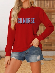 Detail of red ICU NURSE sweatshirt with intensive care unit blue artistic typography