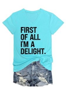 Lake blue V-neck T-shirt with First Of All print paired with ripped denim shorts