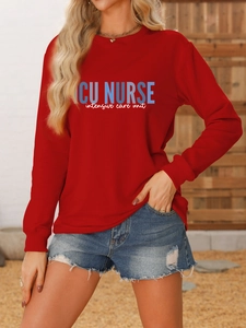 Detail of red ICU NURSE crewneck sweatshirt featuring high-quality knit texture print
