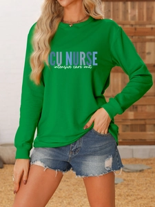 Close-up of green ICU NURSE intensive care unit sweatshirt with high-quality print detail
