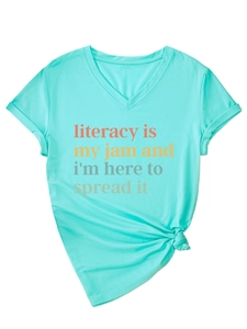 Detail view of mint green V-neck T-shirt with rolled sleeves and knotted hem design
