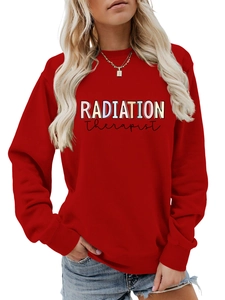 Detailed view of the red crewneck sweatshirt with Radiation Therapist letter print