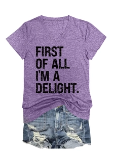 Detail of V-neck purple heathered t-shirt with FIRST OF ALL I'M A DELIGHT print
