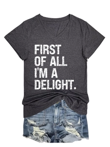 Detail of V-neck T-shirt in heather grey with First Of All I'm A Delight print