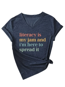 Flat lay of navy V-neck T-shirt with literacy print and stylish knotted hem detail