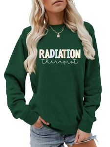 Detail of dark green Radiation Therapist sweatshirt with ribbed cuffs and neck