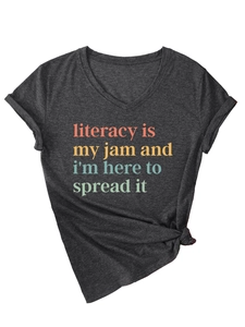 Detail of grey V-neck T-shirt with literacy is my jam colorful print and cuffed sleeves