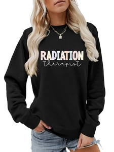 Detail of Radiation Therapist text print on black crewneck cotton sweatshirt