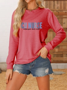 Detail of red ICU NURSE crewneck sweatshirt featuring professional print design