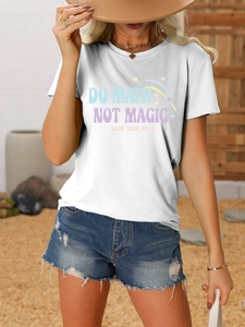 Detail of white cotton T-shirt featuring colorful DO MATH NOT MAGIC print and rainbow graphic