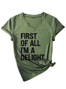 Detail of olive green V-neck T-shirt with black slogan print and knotted hem detail