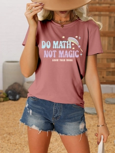 Detail of dusty pink Do Math Not Magic graphic tee showing high-quality cotton fabric