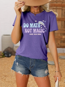 Detailed view of purple Do Math Not Magic Show cotton T-shirt on model outdoors