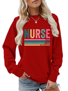 Detail of red nurse sweatshirt with Caring Loyal Strong print and ribbed cuffs