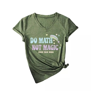Olive green V-neck T-shirt with Do Math Not Magic slogan and star graphic design