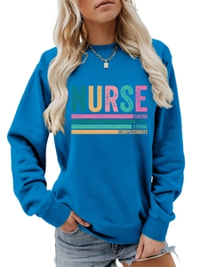 Detail of blue nurse sweatshirt showing ribbed cuffs and high-quality printed typography