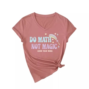Women's V-neck T-shirt in dusty rose with Do Math Not Magic rainbow graphic print