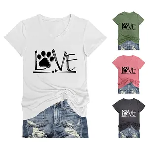 Women Casual Cotton Blend V Neck Short Sleeve T Shirt LOVE Paw Print Knot Hem Summer Tee Loose Daily Streetwear Top