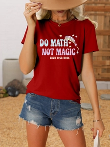 Detail of red Do Math Not Magic cotton T-shirt featuring rainbow print and crew neckline